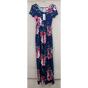 New VIISHOW sz XS Maxi Dress knit blue with floral print ss stretchy 0433